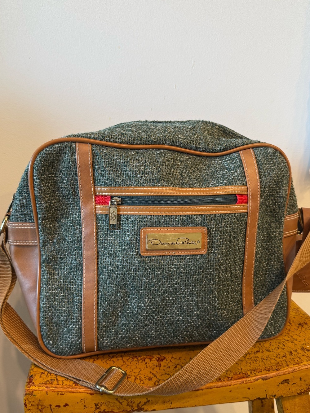 Oscar de la Renta Green Tweed Messenger Bag with Tan Trim